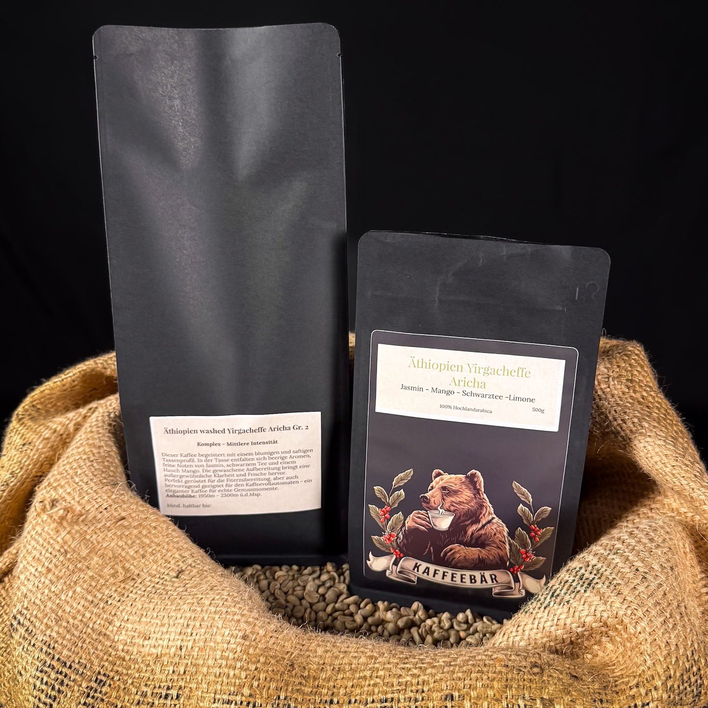 Kaffeetüten „Äthiopien Yirgacheffe Aricha“ von KaffeeBär – floral, zitronig & elegant aus der Aricha-Waschstation