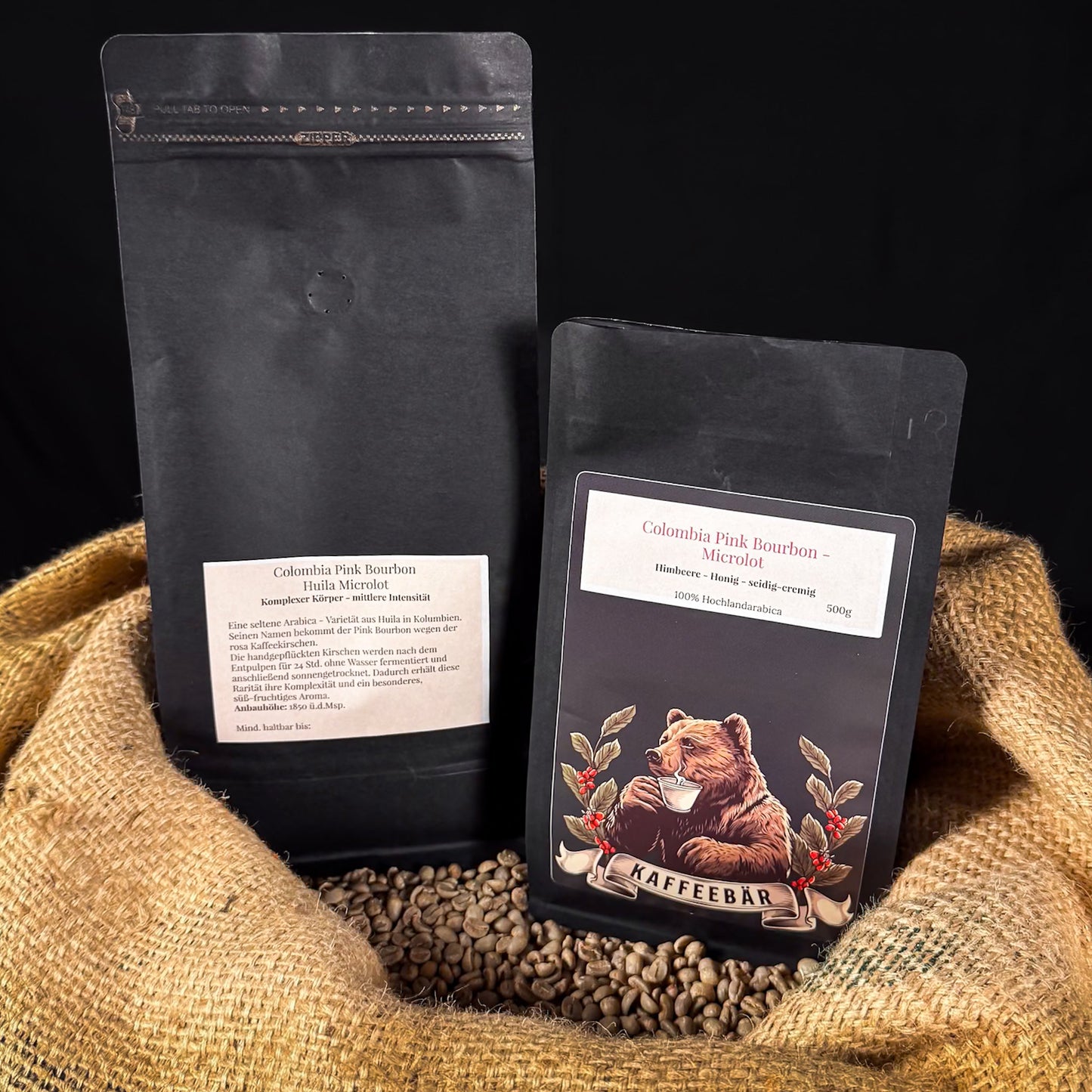 Kaffeetüten „Kolumbien Pink Bourbon Microlot“ von KaffeeBär – saftig, wild & elegant aus Huila