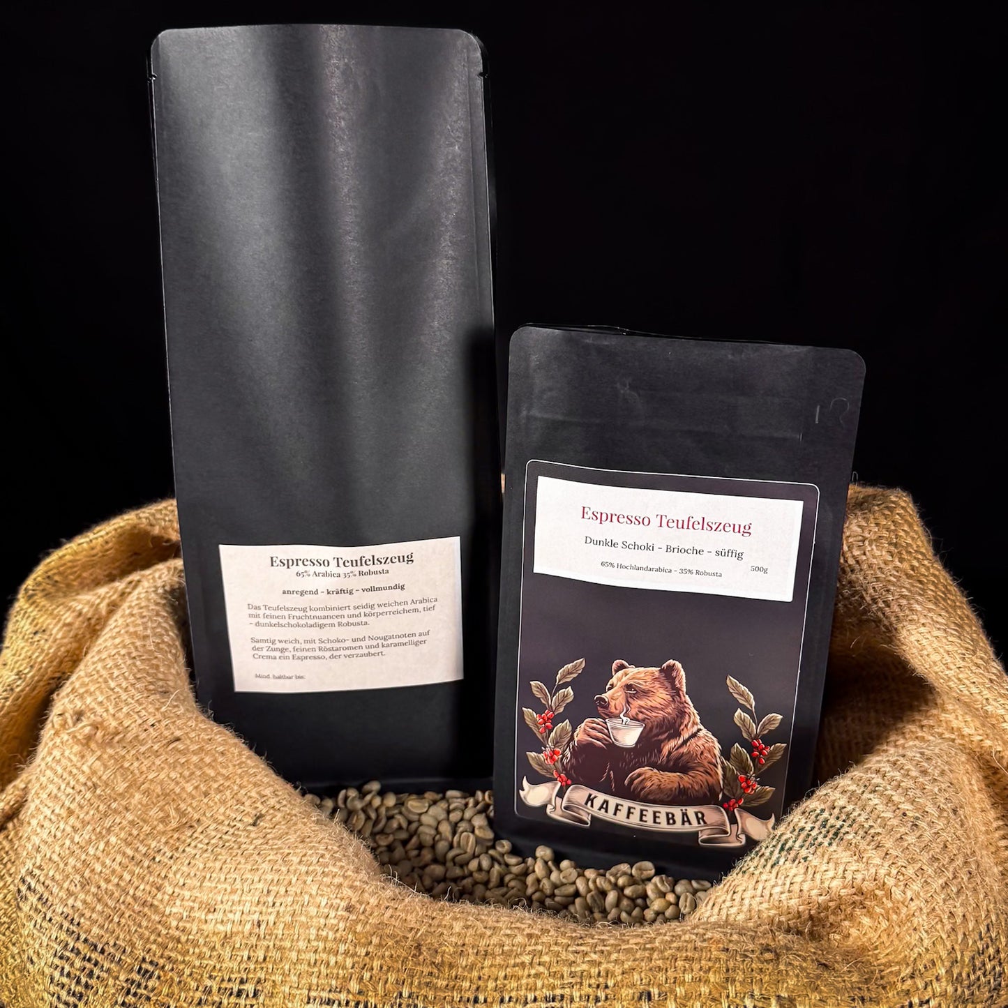 Kaffeetüten „Espresso Teufelszeug“ von KaffeeBär – dunkel, kräftig & erdig