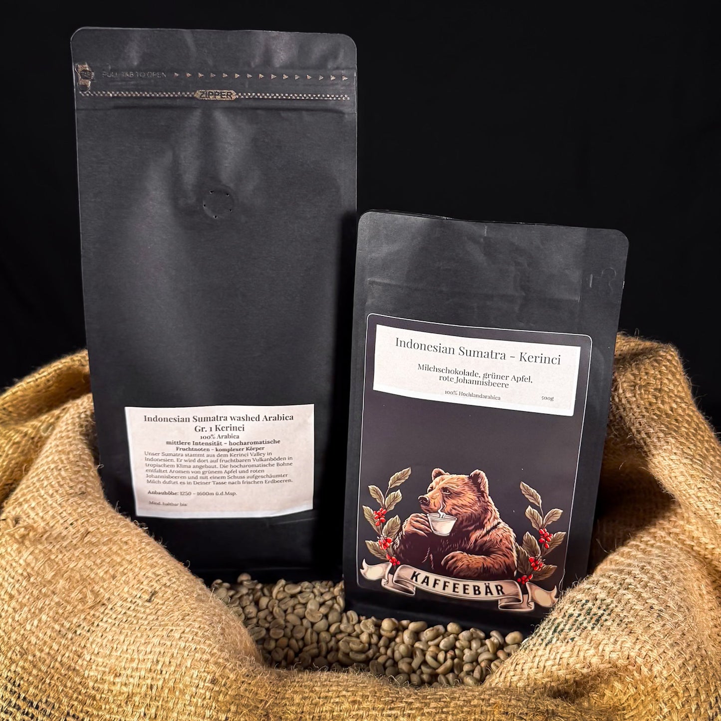 Kaffeetüten „Indonesien Sumatra Kerinci“ von KaffeeBär – schokoladig, getoastet & mild vom Vulkan