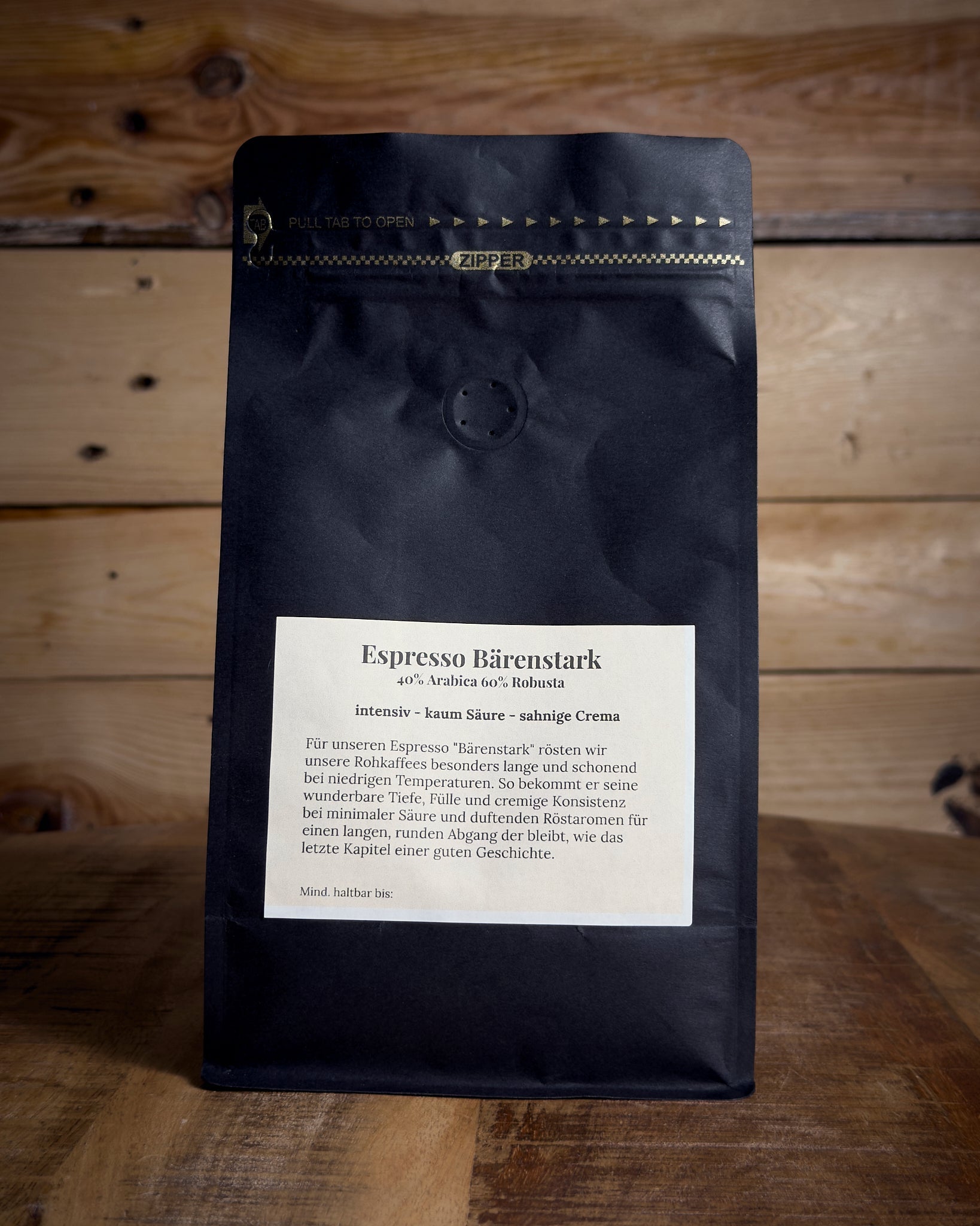 Rückansicht der 500g Kaffeetüte Espresso Bärenstark mit Details zu Röstung und Geschmack.