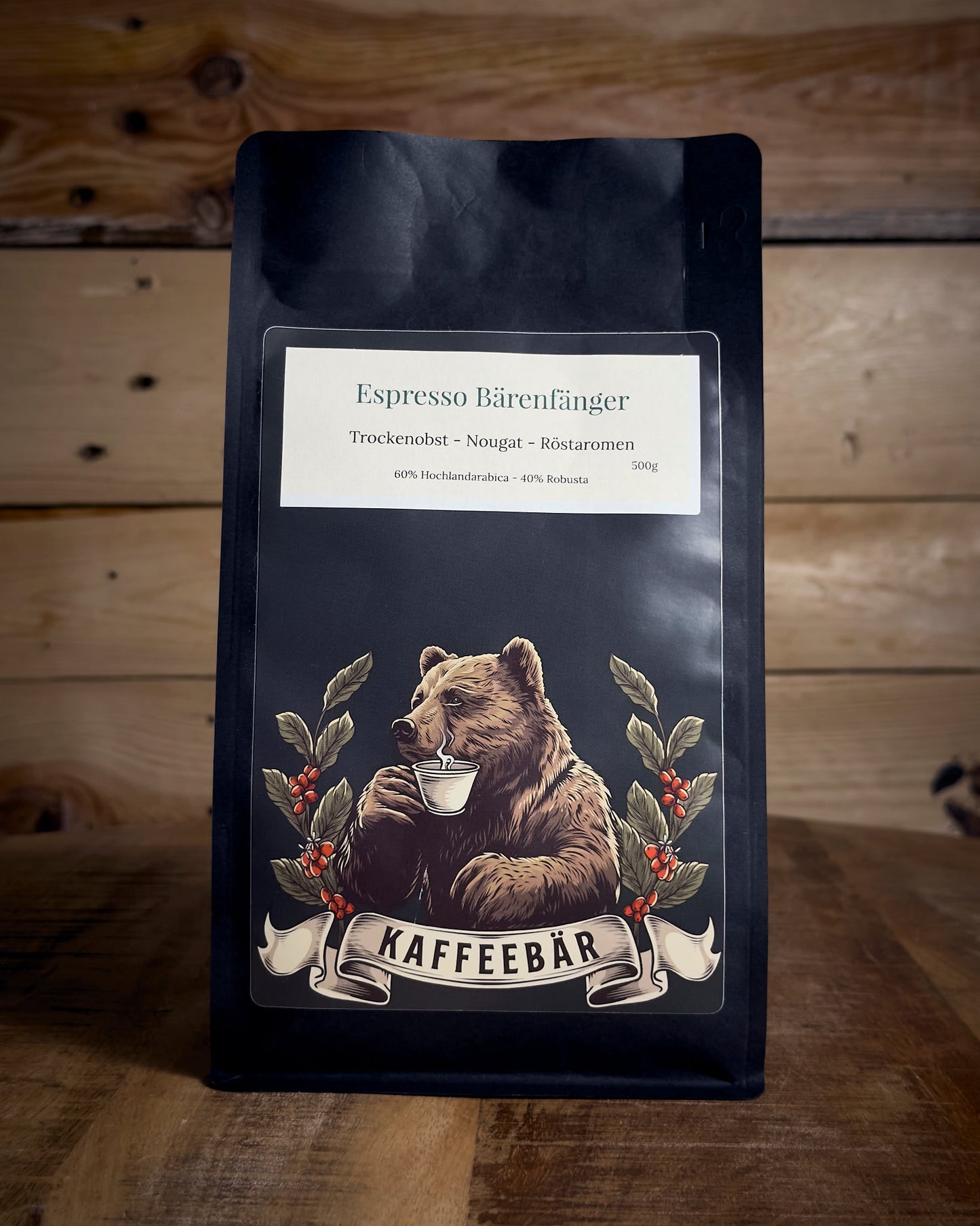 Handgerösteter Espresso Bärenfänger in der 500g Packung von KaffeeBär, Vorderansicht.