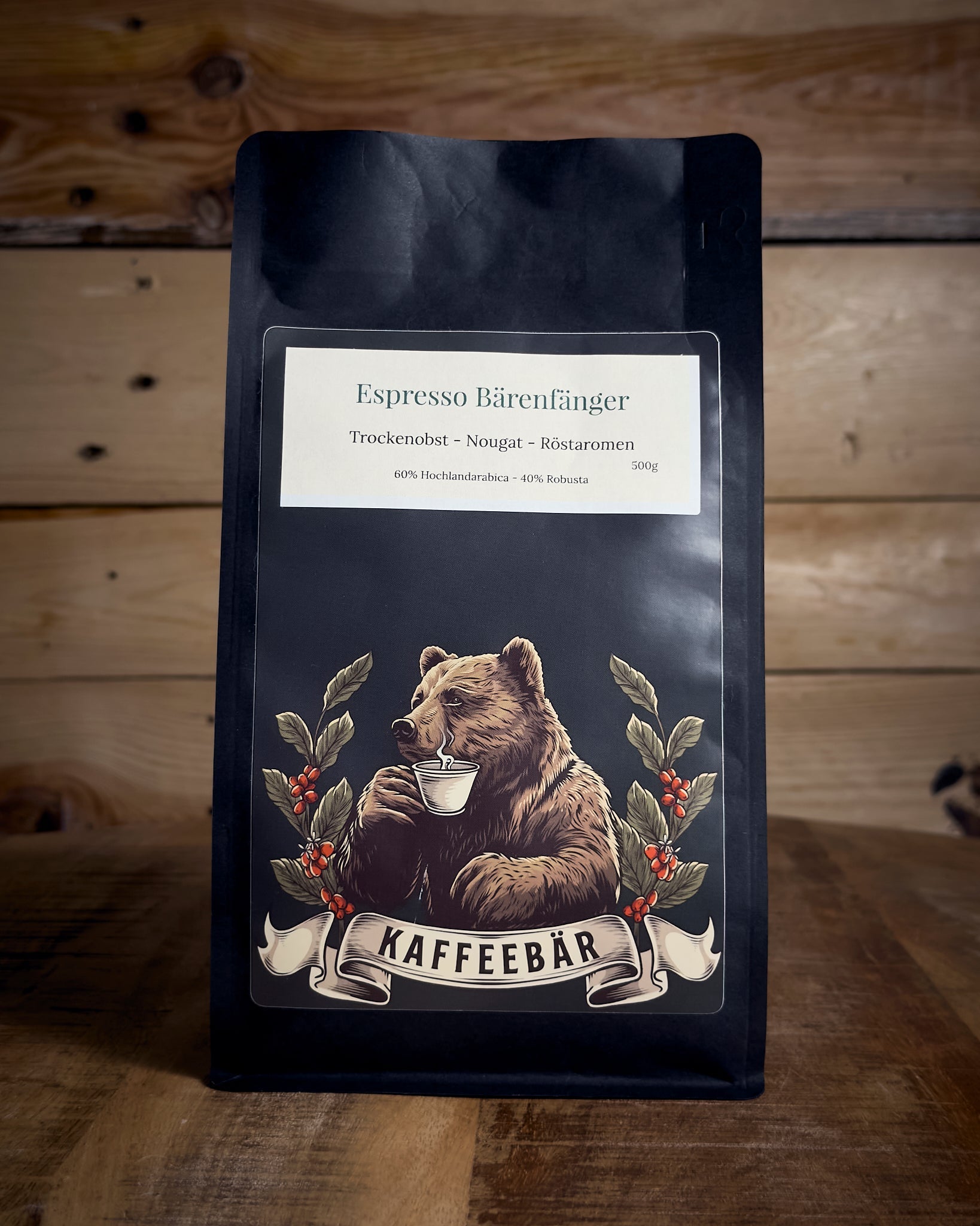 Handgerösteter Espresso Bärenfänger in der 500g Packung von KaffeeBär, Vorderansicht.