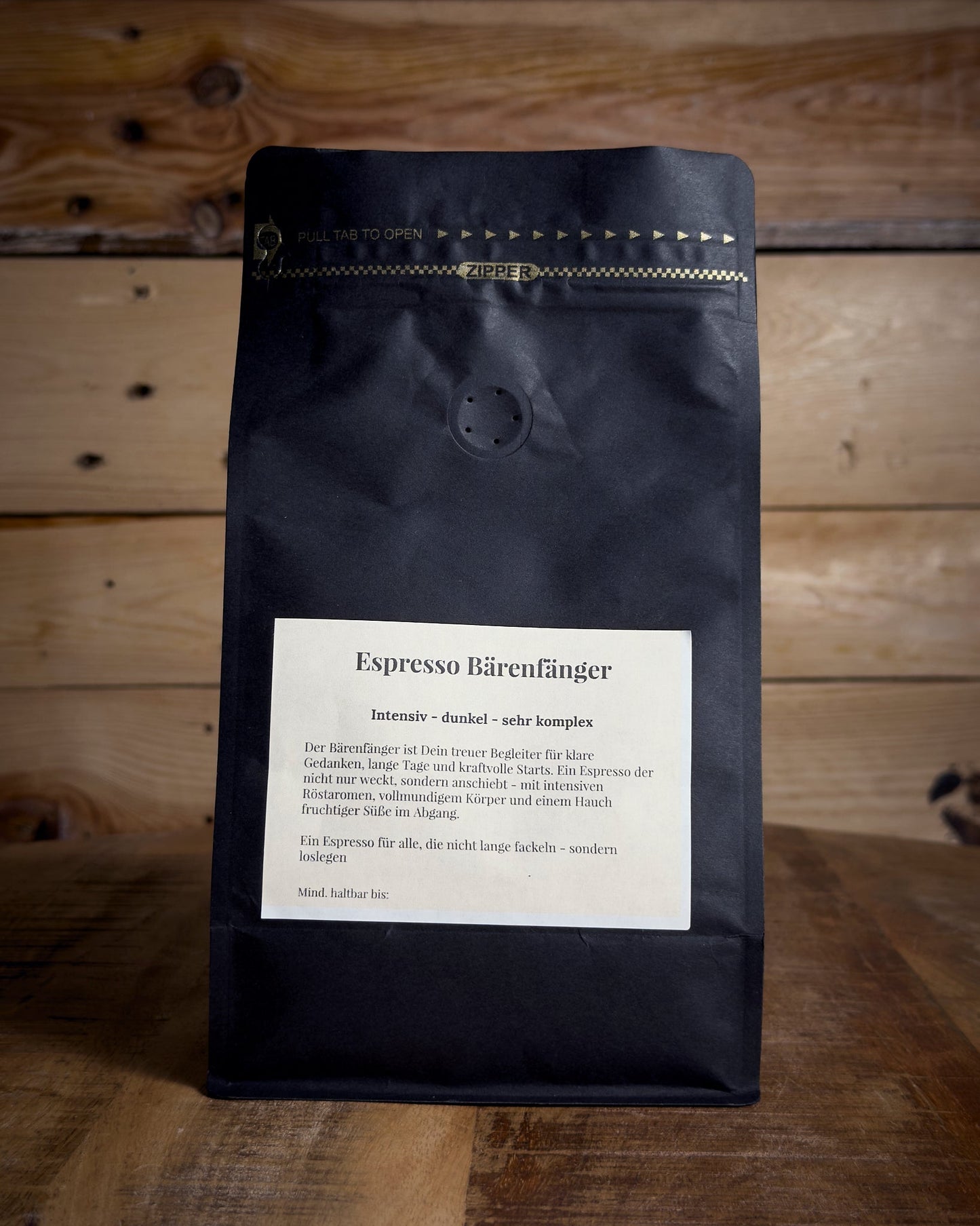 Rückansicht der 500g Kaffeetüte Espresso Bärenfänger mit Details zu Röstung und Geschmack.