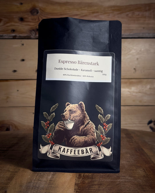 Handgerösteter Espresso Bärenstark in der 500g Packung von KaffeeBär, Vorderansicht.