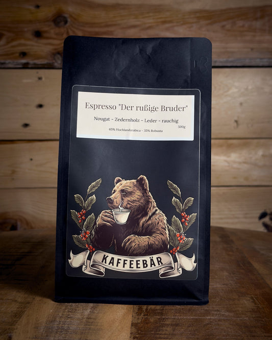 Handgerösteter Espresso Der rußige Bruder in der 500g Packung von KaffeeBär, Vorderansicht.