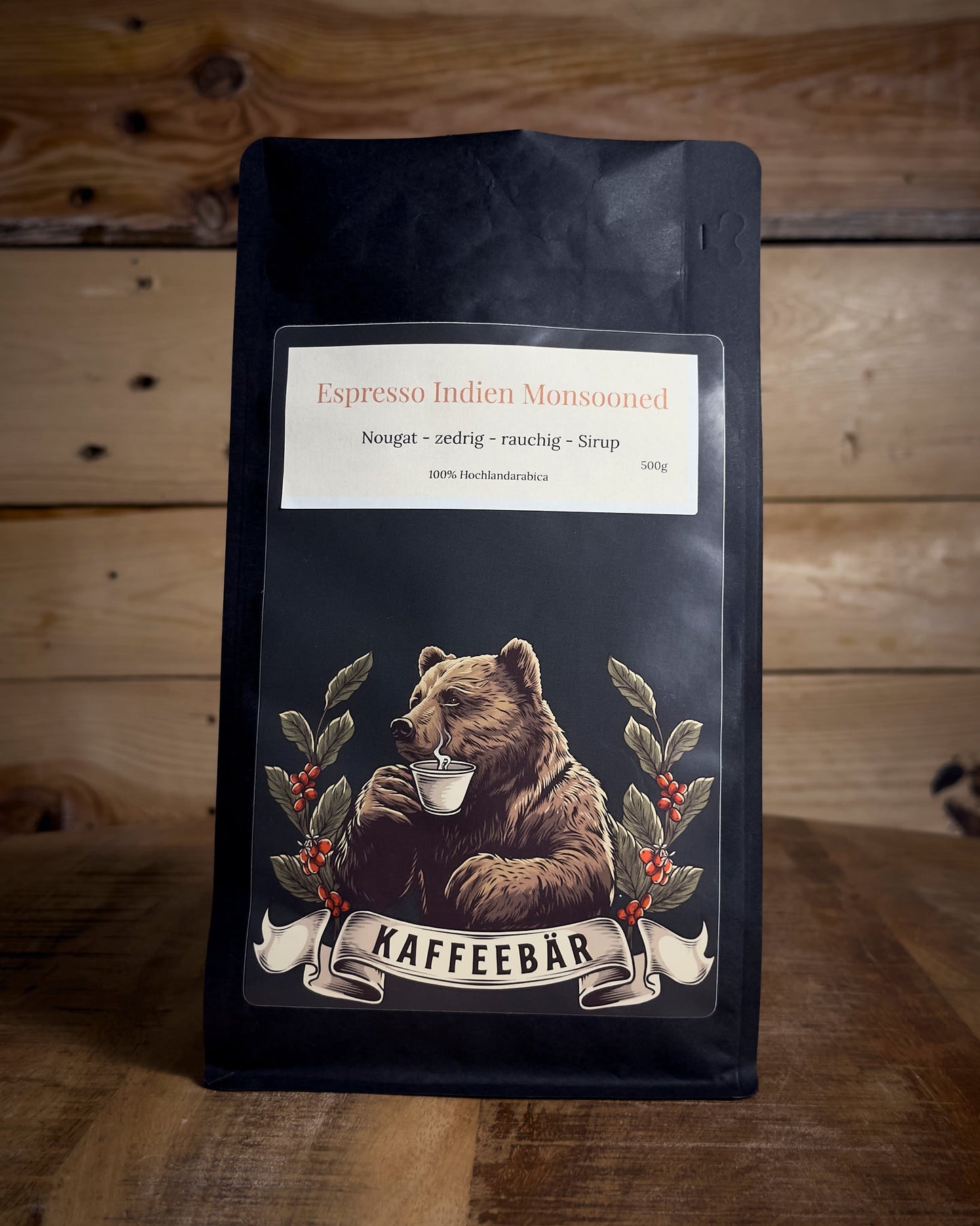 Handgerösteter Espresso Indien Malabar in der 500g Packung von KaffeeBär, Vorderansicht.