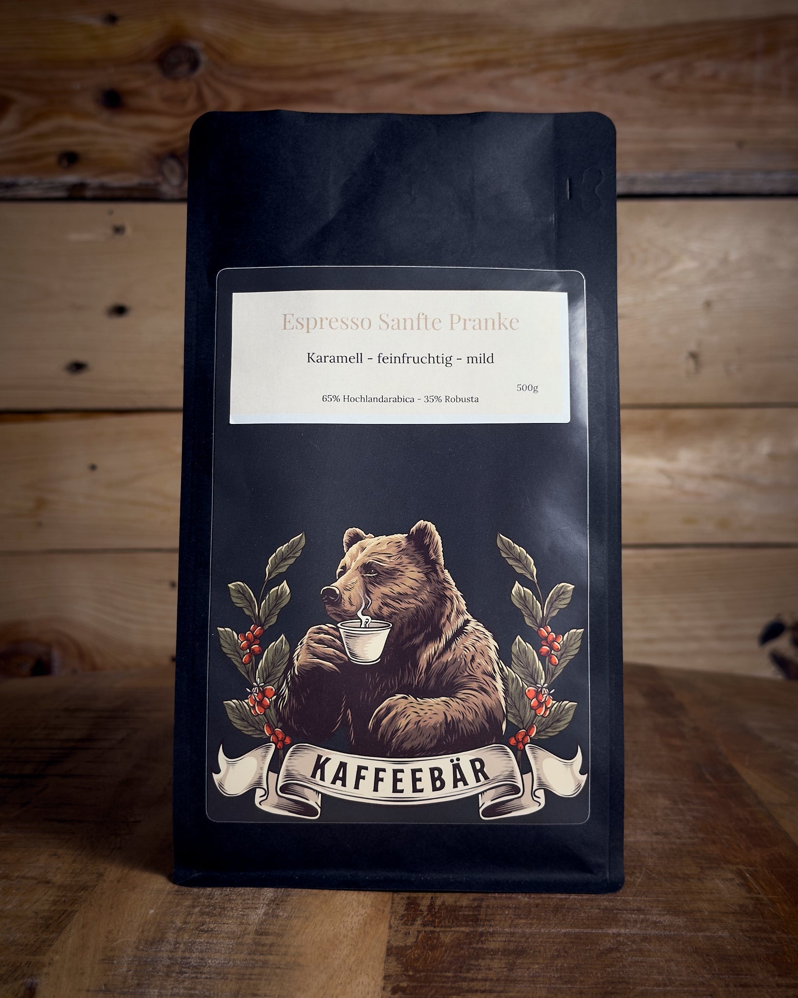 Handgerösteter Espresso Sanfte Pranke in der 500g Packung von KaffeeBär, Vorderansicht.