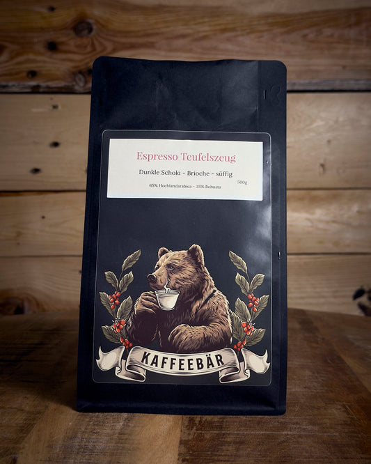 Handgerösteter Espresso Teufelszeug in der 500g Packung von KaffeeBär, Vorderansicht.