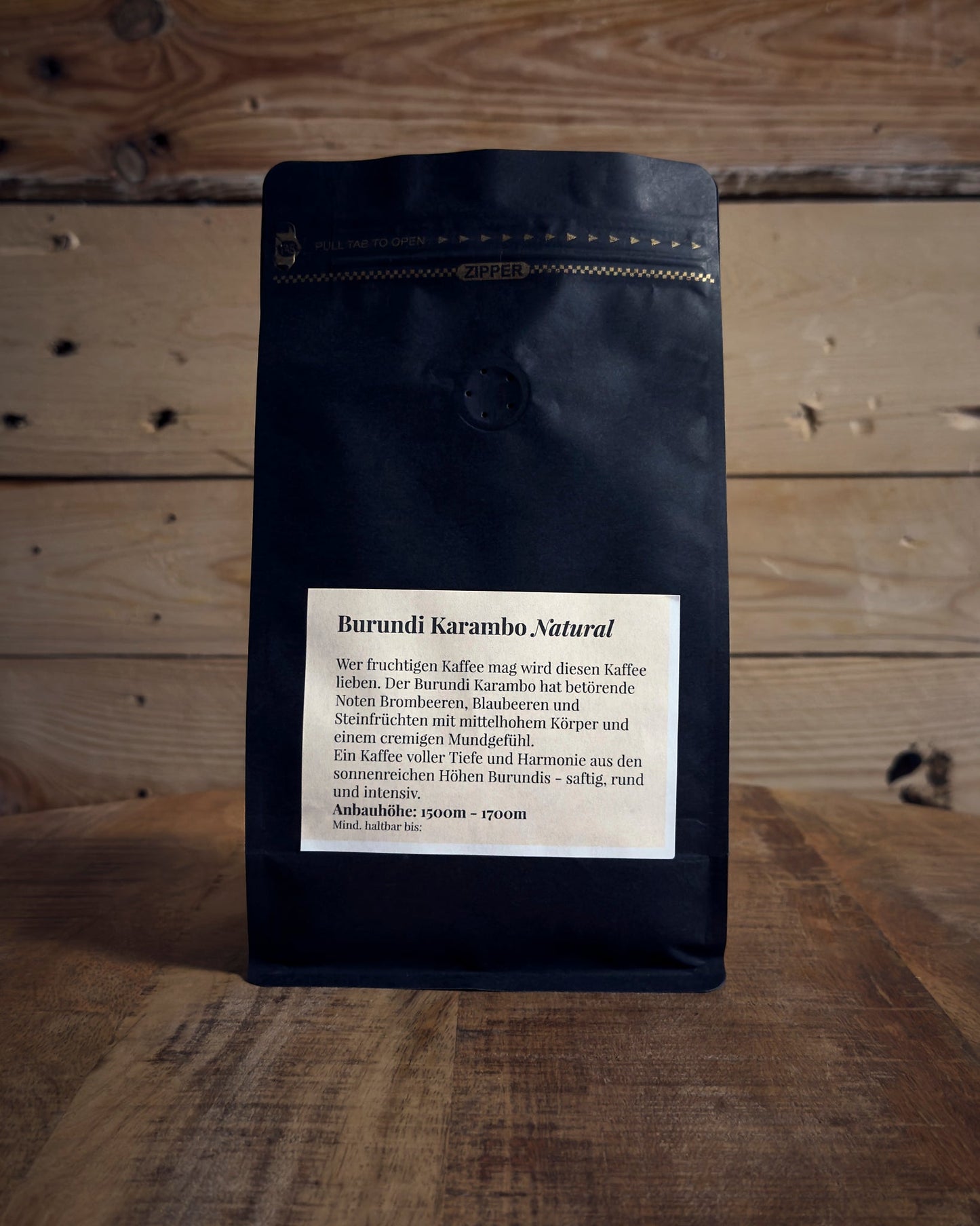 Rückansicht der 500g Kaffeetüte Burundi Muyinga mit Details zu Röstung und Geschmack.