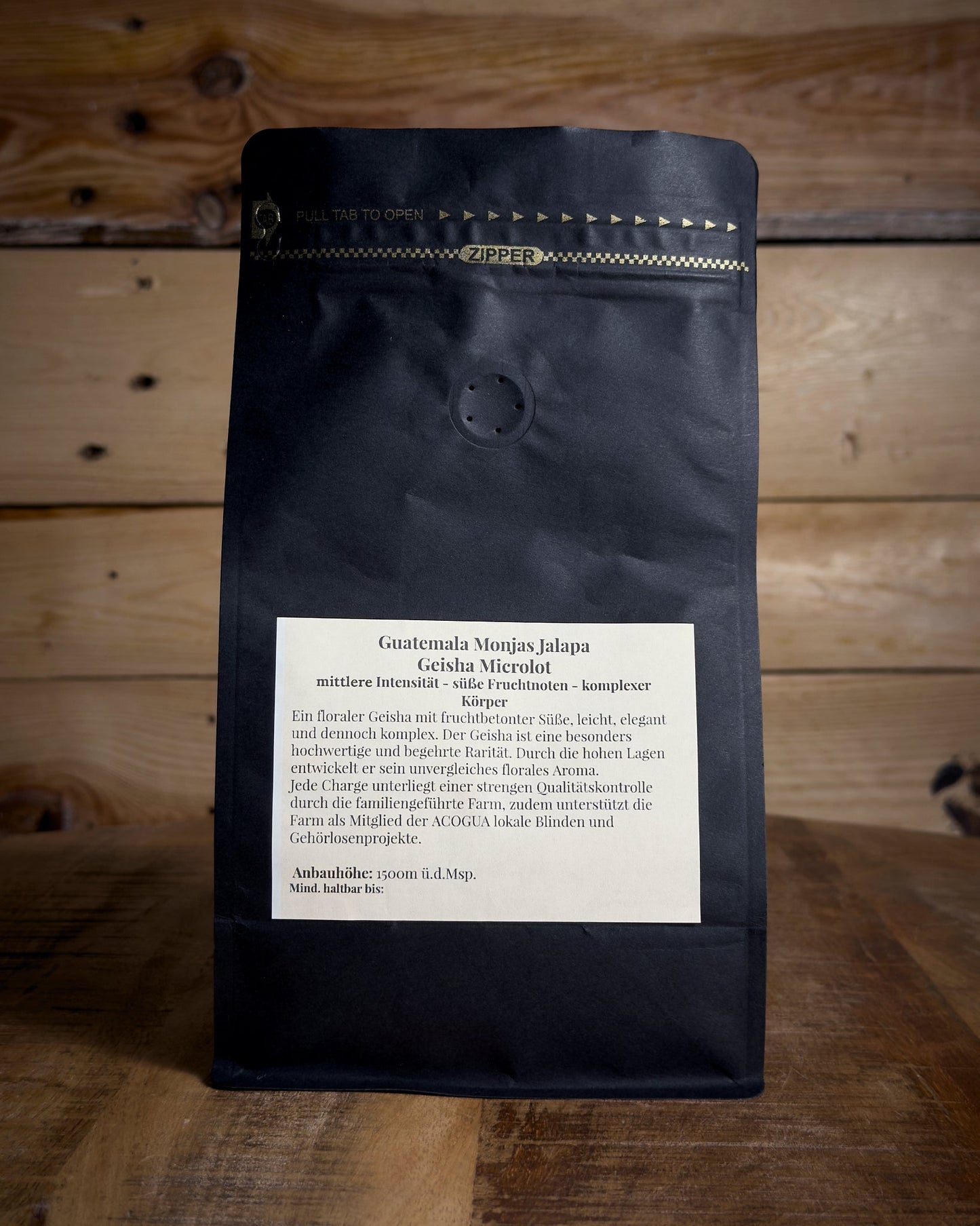 Rückansicht der 500g Kaffeetüte Guatemala Jalapa Microlot mit Details zu Röstung und Geschmack.
