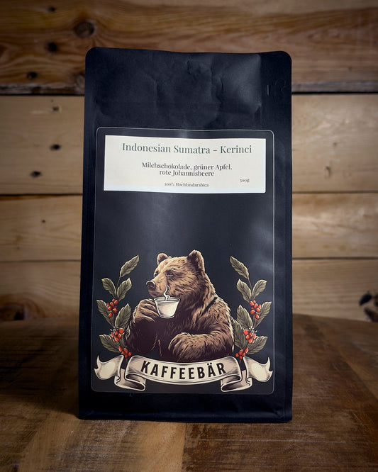 Handgerösteter Kaffee Indonesien Sumatra in der 500g Packung von KaffeeBär, Vorderansicht.