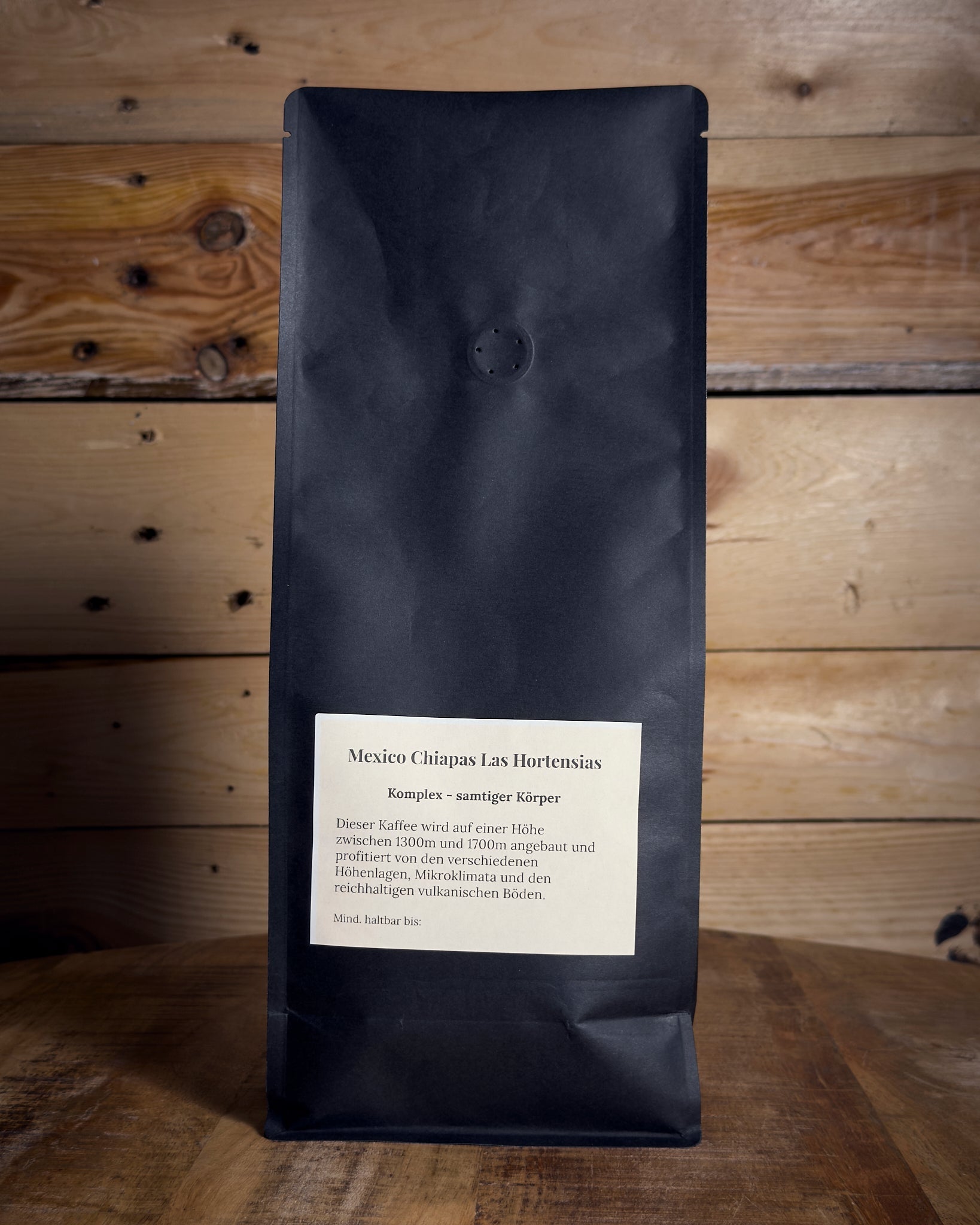 Rückseite der 1000g Packung Mexico Chiapas von KaffeeBär mit Etikett-Details.