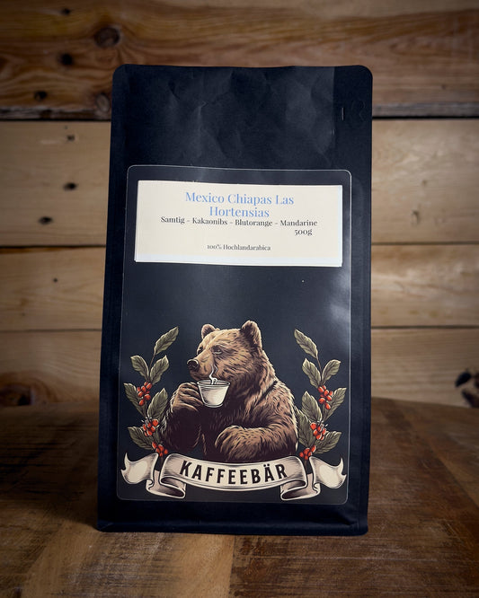 Handgerösteter Kaffee Mexico Chiapas in der 500g Packung von KaffeeBär, Vorderansicht.
