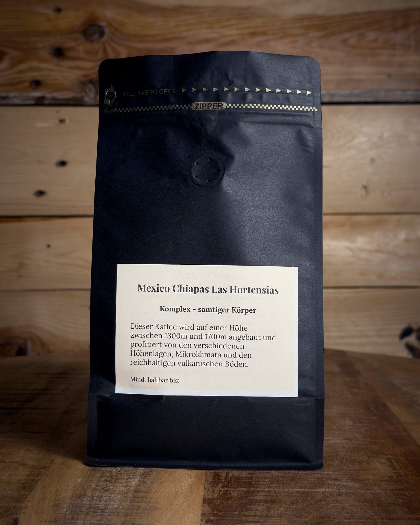 Rückansicht der 500g Kaffeetüte Mexico Chiapas mit Details zu Röstung und Geschmack.