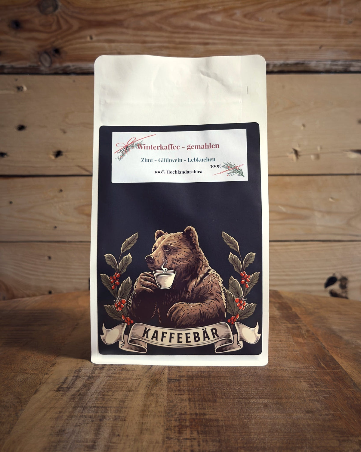 Winterkaffee - Gemahlener Gewürzkaffee — 500g Vorderansicht, KaffeeBär Rösterei